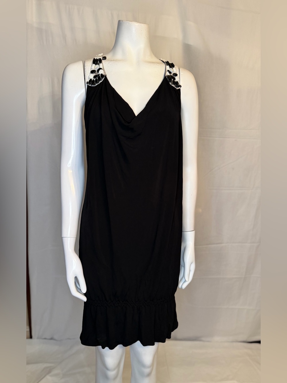 Marc Bouwer Black Sleeveless Mini Dress with Beaded Shoulder Detail